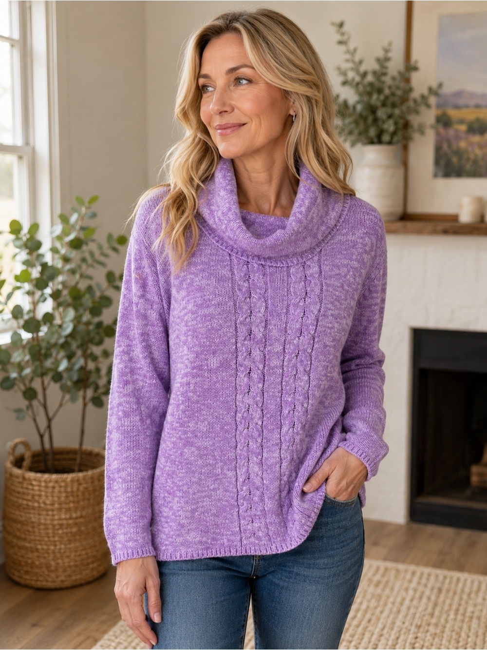 64) Penman’s Lilac Cable Knit Cowl Neck Sweater | Cozy Soft Knit Pullover.PTP 23